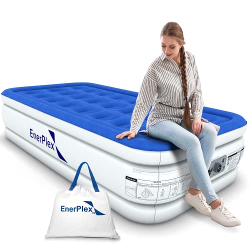 EnerPlex Twin Air Mattress with Built-in Pump - 16 Inch Double Height Inflatable Mattress for Camping, Home & Portable Travel - Durable Blow Up Bed with Dual Pump - Easy to Inflate/Quick Set Up﻿