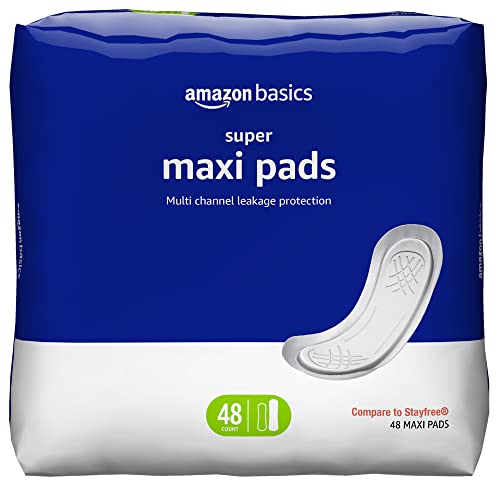 Amazon Basics Thick Maxi Pads for Periods, Super Absorbency, Unscented, 48 Count, 1 Pack (Previously Solimo)