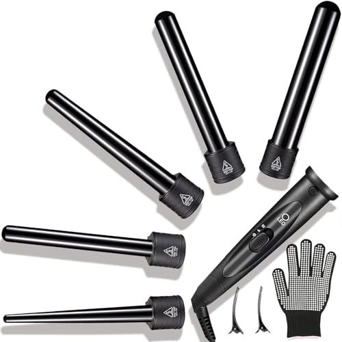 5-in-1 Curling Wand Set - Curling Iron Interchangeable Ceramic Barrels (0.35-1.25 Inch) - Fast Heating Hair Curler Kit with Protective Glove & 2 Clips - Ceramic Coated for Damage-Free Styling.