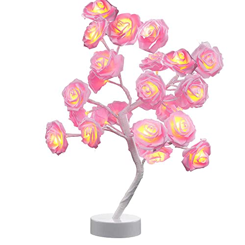 COLORLIFE Gifts for Her Pink Room Decor Night Light 24Pcs Flower Rose Tree Lamp Home Décor Living Room Bedroom Party Wedding