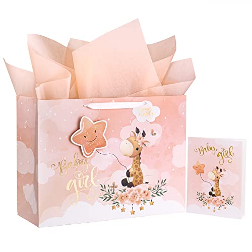 WRAPAHOLIC 16' Extra Large Baby Girl Gift Bag with Card and Tissue Paper - For Baby Shower, New Baby