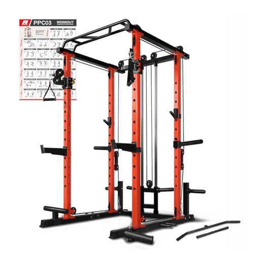 RitFit Multi-Function Power Rack Cage PPC03 with Adjustable Cable Crossover System,1000LBS Capacity, Full Home Gym Workout with J-Hook, Landmine and Other Attachments-Orange