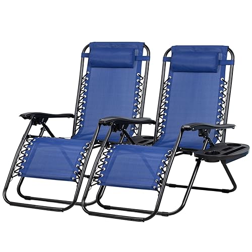 Nazhura Set of 2 Relaxing Recliners Patio Chairs Adjustable Steel Mesh Zero Gravity Lounge Chair Beach Chairs with Pillow and Cup Holder (Blue)