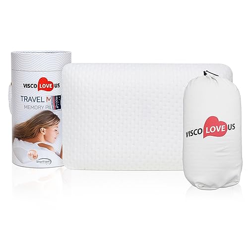 VISCO LOVE Travel & Camping Pillow for Adults & Baby - Comfortable Memory Foam Travel Small Pillow - Backpacking Pillow Easy to Carry Portable Bag Ideal for Airplane & Car Travel Pillows (White)