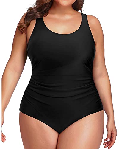 Daci Women Black Plus Size One Piece Swimsuit Tummy Control Bathing Suit Athletic Ruched Swimwear 18 Plus