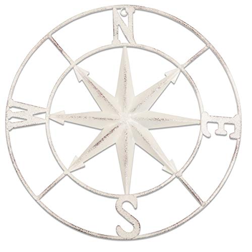 YIYA 11.8' Distressed Metal Compass Decoration Metal Decorative Compass for Nautical Decoration Bedroom Living Room Garden Office Wall Hanging Beach Theme Home Decoration (White)