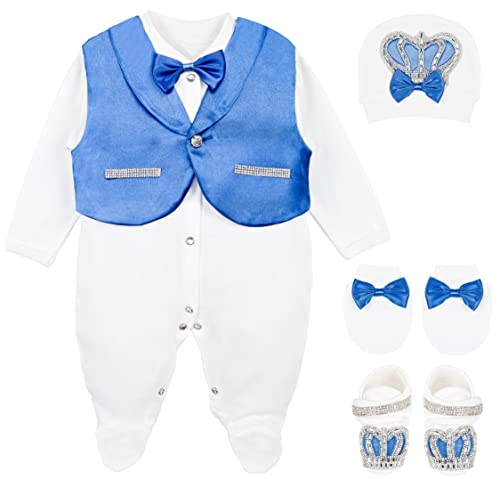 Lilax Baby Boy Jewels Crown Tuxedo Outfit Layette 5 Piece Gift Set 0-3 Months Royal Blue