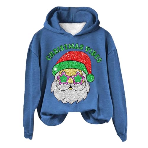 Hoodies for Women Christmas Santa Claus Sweatshirt Winter Loose Long Sleeve Merry Xmas Hooded Pullover (Blue-a, S)