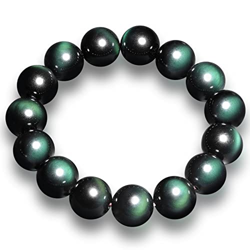 YANYUNZHUBAO Natural Black Obsidian with Our Healing Crystal Stretch Bracelet - Ward Off Evil Spirits and Look Stylish (Green Eye, 14MM)