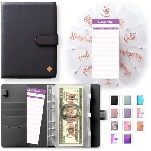 SOUL MAMA Budget Binder with Zipper Envelopes - Black Money Organizer for Cash, A6 Binder Cash Envelopes for Budgeting, Money Saving Binder with Rose Gold Pre-Printed Stickers