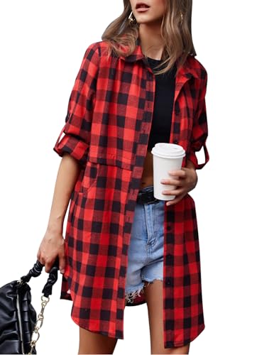 HOTOUCH Long Flannel Shirt Women Plaid Blouse Long Sleeve Boyfriend Shirt Red and Black Plaid Shirt Long Red & Black L