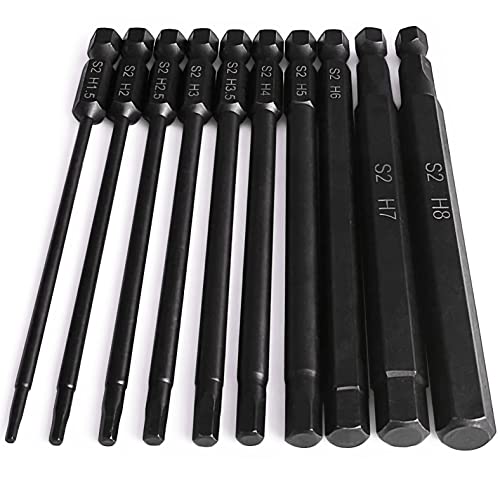 Hex Head Allen Wrench Drill Bit Set (10pc Metric), PTSLKHN, Upgraded 1/4' Quick Release Shank Magnetic 100mm Long Hex Bits Set.