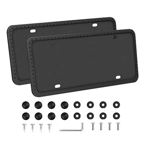LivTee Silicone License Plate Frames Covers, 2 Pack Universal American Car Accessories License Plate Bracket Holder with Bolts Washer Caps, Rust-Proof, Rattle-Proof, Weather-Proof, Black