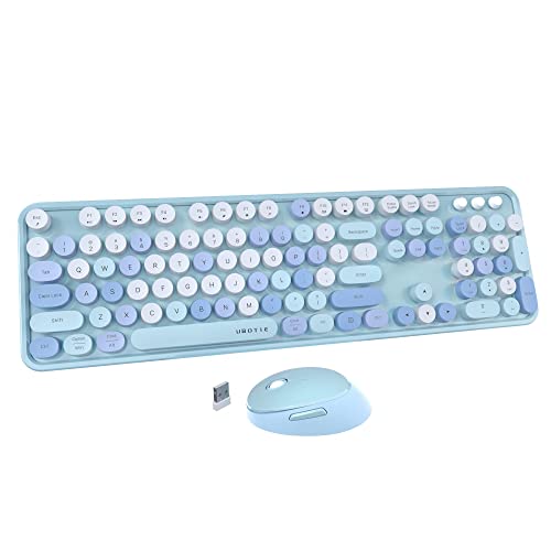 UBOTIE Colorful Computer Wireless Keyboard Mouse Combos, Typewriter Flexible Keys Office Full-Sized Keyboard, 2.4GHz Dropout-Free Connection and Optical Mouse (Blue-Colorful)