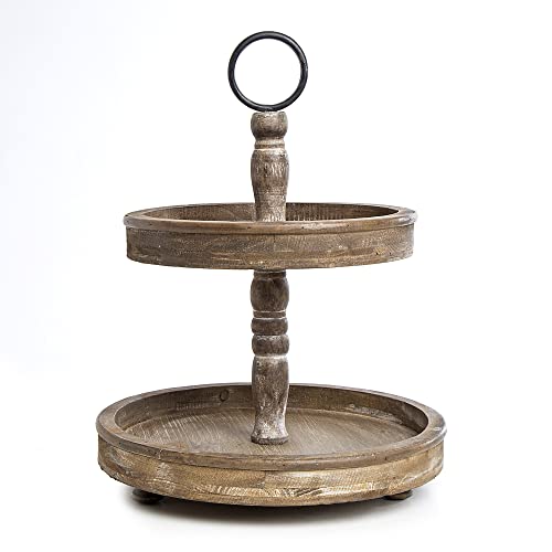 Hallops Wood 2 Tiered Tray | Rustic Farmhouse Decor | Rustic Serving Cake Stand | Galvanized Kitchen Table | Fall Decor | Food and Party Display(Brown)