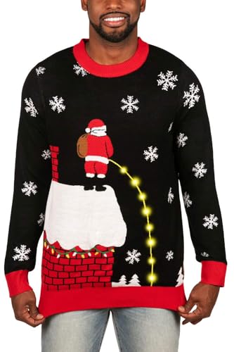 Tipsy Elves Men's Light Up Ugly Christmas Sweater Leaky Roof Santa Taking a Leak LED Pullover Size Medium