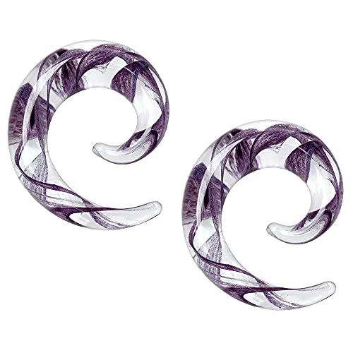 Swirling Purple Ribbon inside Glass Spiral Taper Earrings, Sold as a Pair (8mm (0GA))