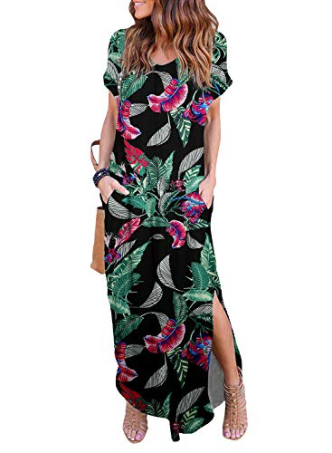 HUSKARY Women's Summer Maxi Dress Casual Loose Pockets Long Dress Short Sleeve Split Dresses