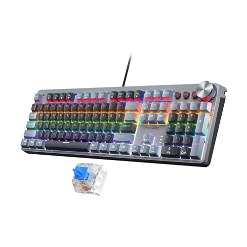 Mechanical Gaming Keyboard, RGB Backlit 104 Keys Full Size Keyboard with Multimedia Knob, Double Shot Keycaps, Full Anti-Ghosting, Blue Switch Wired Computer Keyboard for Windows PC Mac Xbox Gamer