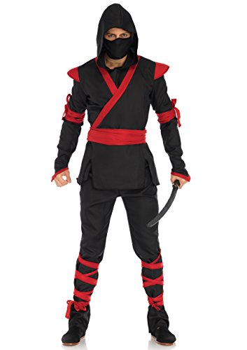 Leg Avenue Men's 5 Pc Ninja Costume with Shirt, Pants, Belt, Face Mask, Hood, Black/Red, Medium/Large