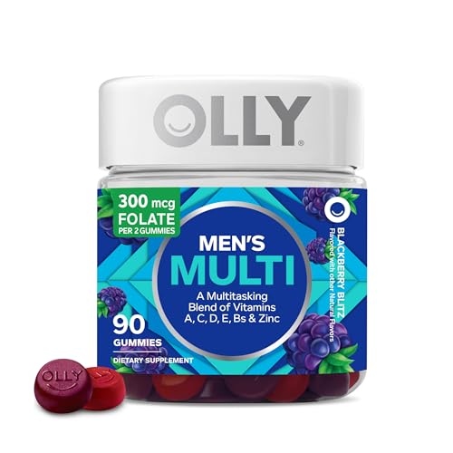 OLLY Men's Multivitamin Gummy, Overall Health and Immune Support, Vitamins A, C, D, E, B, Lycopene, Zinc, Adult Chewable Vitamin, Blackberry, 45 Day Supply - 90 Count