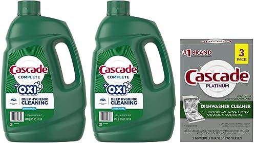 Cascade Complete + Oxi Gel Dishwashing Detergent, Fresh Scent, 125 oz (Pack of 2) with Cascade Platinum Dishwasher Cleaner, 3 count Bonus Pack