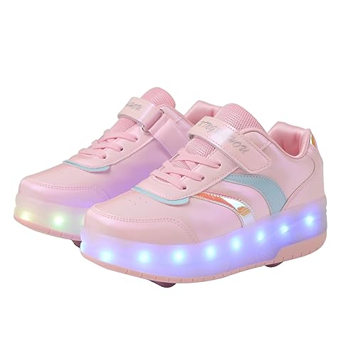 Ufatansy Roller Shoes with Wheels for Girls LED Light Up Roller Skates USB Charge Sneakers Kids Gifts Christmas Day Gift(Size 1.5,Pink Shoes)