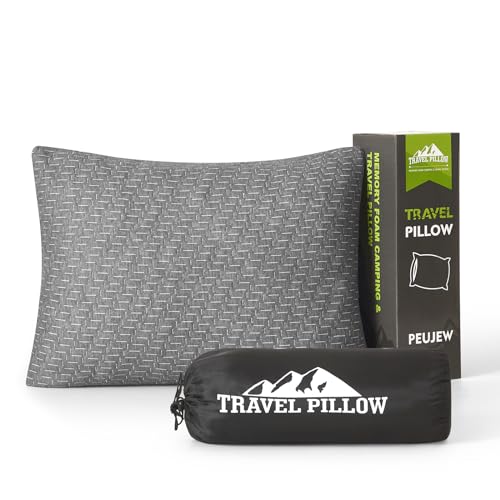 PEUJEW Camping Pillow Travel Pillow Small Shredded Memory Foam Pillow - Compressible Medium Firm, Breathable Cover, Ideal Backpacking Hiking, Airplane and Car