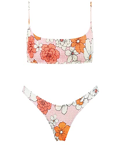 VOLAFA Women's Triangle Bikini Smocked Textured Scoop Frilled Print Ruched Elastic Swimsuit Two Piece Bathing Suit (Orange 2, Small)