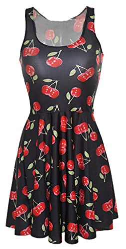 Sister Amy Women's Printed Elastic Sleeveless Shaping Breathable Camisole Skater Dress Cherry