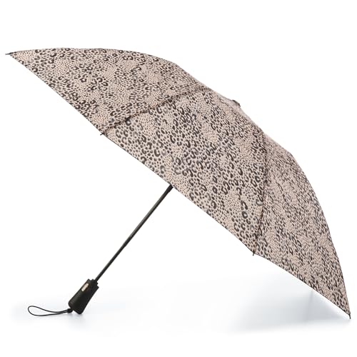 totes InBrella Reverse Closing Folding Umbrella – Inverted Closure Compact Umbrella – Portable, Windproof Rain-resistant Travel Umbrella with Recycled Canopy, Automatic Open and Close, Painted Leopard
