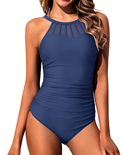 Holipick Grey Blue Women High Neck One Piece Swimsuit Tummy Control Halter Slimming Bathing Suit Mesh Swimwear for Teen Girls L(US 12-14)