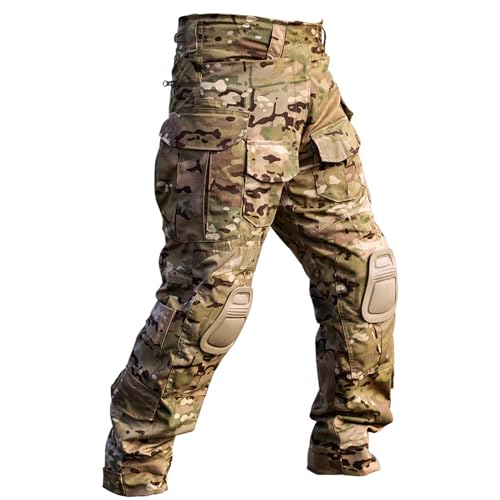 OCANXUE Men’s Tactical Pants with Knee Pads Camo Cargo Pants Waterproof Hiking Pants 10 Pockets No Belt CP Camo 28