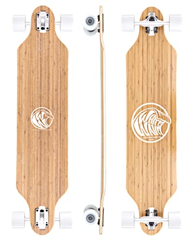 White Wave Bamboo Longboard Skateboard. Drop Deck Long Board for Cruising, Carving and Freestyle Fun - Ideal Great Board for Beginner, Intermediate, or Advanced Riders (Cruiser)