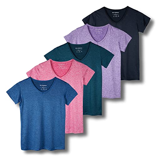 5 Pack: Womens Plus Size V Neck T-Shirt Ladies Yoga Top Athletic Tees Active Wear Gym Workout Zumba Just My Exercise Running Essentials Quick Dry Fit Dri Fit Moisture Wicking Basic Clothes- Set 7, 2X