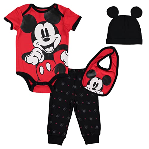 Disney Mickey Mouse Infant Baby Boys 4 Piece Outfit Set: Bodysuit Pants Bib Hat Red/Black 18 Months