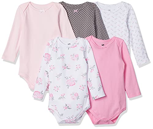 Hudson Baby Unisex Baby Cotton Long-sleeve Bodysuits, Basic Pink Floral, 3-6 Months US