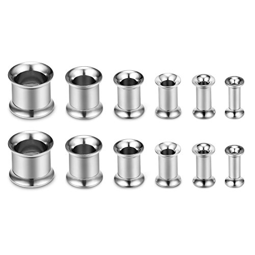 SCERRING 12PCS Screw Ear Tunnels Stretching Kit Stainless Steel Gauge Plugs Set Double Flared Expanders 8G-00G - Silver