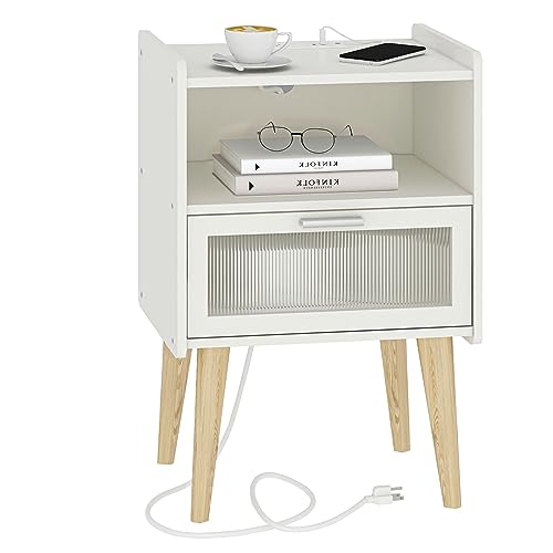 MMEOLUOOK Nightstand with Charging Station, Bedside Tables, End Table Side Table with 2 Tiers Storage Space, for Bedroom, Living Room, WhiteMLBZ07WE