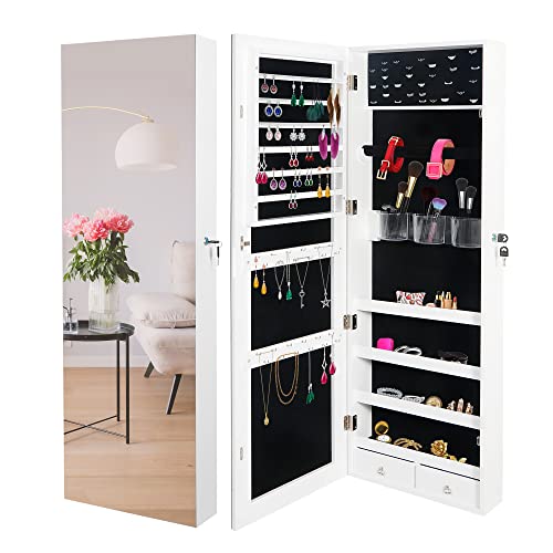 SUPER DEAL Upgraded 2in1 Jewelry Cabinet 47.3' H Wall/Door Mounted Jewelry Armoire with 6 Shelves 2 Drawers Jewelry Organizer with Full Length Mirror