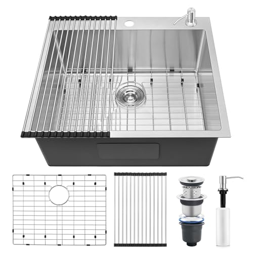 Homikit 25 x 22 Inch Drop In Kitchen Sink, 16 Gauge Stainless Steel Single Bowl Kitchen Sinks, Large Brushed Nickel Topmount Farmhouse Workstation Sink, 10” Deep Rv Sink with Accessories