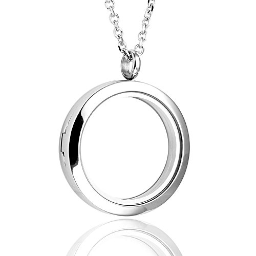 Zysta Silver Round Locket Pendant Necklace 30mm Glossy Stainless Steel Clear Glass Living Memory Floating Charms Stone Storage