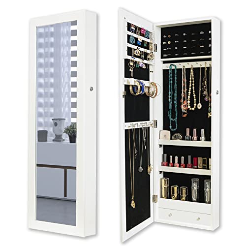 KEDLAN Wall/Door Mounted Jewelry Armoire Organizer, Lockable Height Adjustable Jewelry Cabinet with Full Length Mirror, Large Capacity Dressing Makeup Jewelry Mirror Storage white
