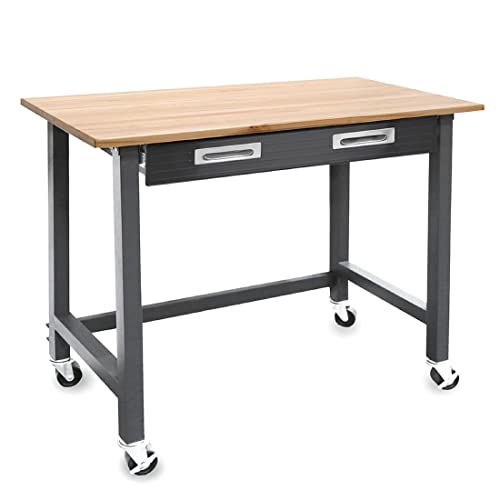 Seville Classics UltraGraphite Wood Top Workbench on Wheels with Sliding Organizer Drawer Table, 48', Satin Graphite