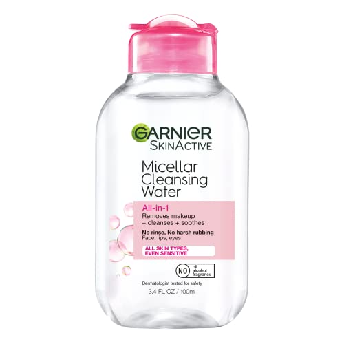 Garnier SkinActive Micellar Cleansing Water, All-in-1 Makeup Remover and Facial Cleanser, For All Skin Types, 3.4 Fl Oz (100mL), 1 Count (Packaging May Vary)