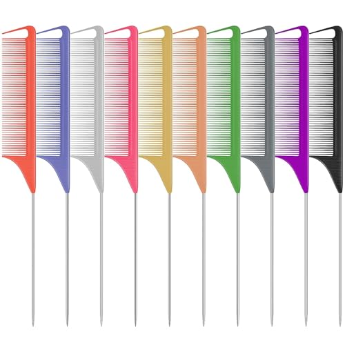 10 PCS Rat Tail Combs Set - Hair Teasing Fine Tooth Comb for Women Girls, Parting Comb for Braiding Hair Styling Tools & Appliances with Stainless Steel Pintail Carbon Fiber Heat Resistant