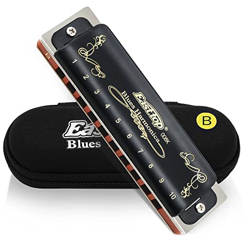 East top Diatonic Harmonica Key of B 10 Holes 20 Tones 008K Blues Harp Mouth Organ Harmonica with Black Cover, Top Grade Harmonica for Adults, Professionals and Students