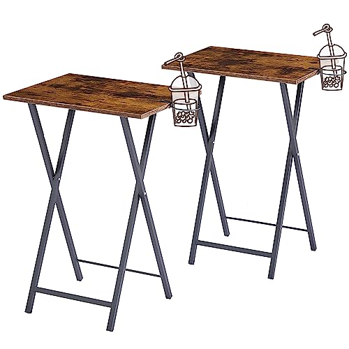 VECELO TV Tray for Eating Set of 2, Portable Dinner/Snack Table with Cup Holder for Couch, Living Room and Small Space, Brown