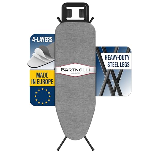 Bartnelli Ironing Board Made in Europe | Iron Board with 4 Layered Cover & Pad, Height Adjustable up to 36' Features A Safety Iron Rest, 4 Steel Legs, for Home Laundry Room or Dorm Use (43x14)