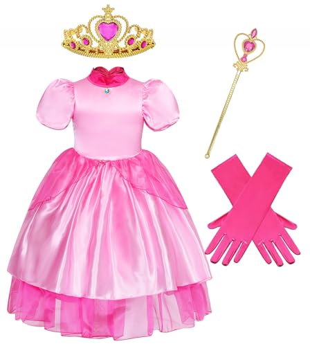 MING DYNASTY Princess Peach Costume with Crown Magic Wand Gloves Pink Pleated Dress Birthday Christmas Cosplay Ball Gowns